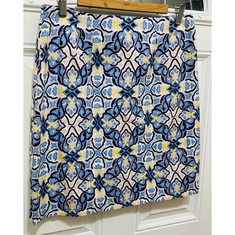 Talbots Women's Size 8 Straight Skirt Blue Yellow Geometric Pattern Knee Length